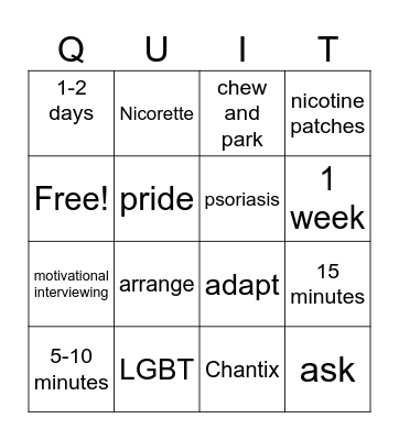 Tobacco Cessation Bingo Card