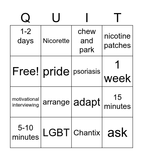 Tobacco Cessation Bingo Card