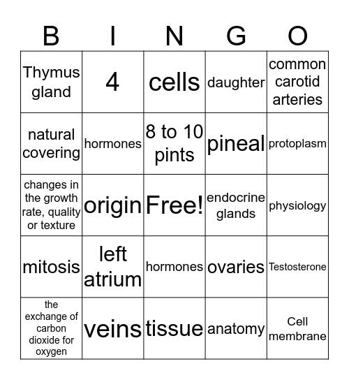 Ch. 6  General Anatomy & Physiology 3 Bingo Card