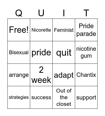 Tobacco Cessation Bingo Card