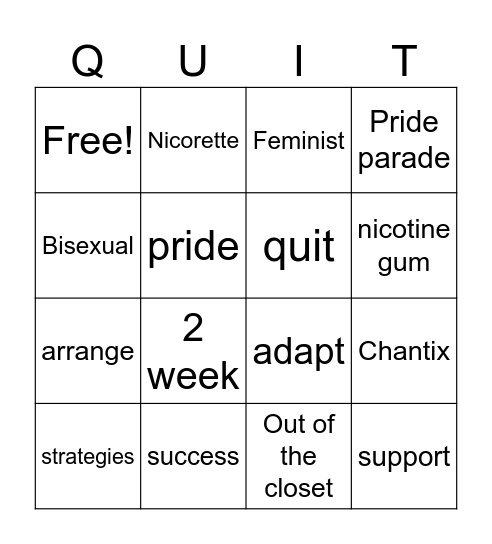 Tobacco Cessation Bingo Card