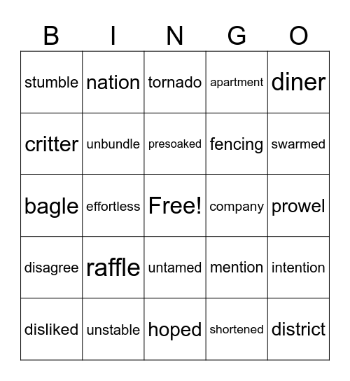 Vr VT suffixes Bingo Card