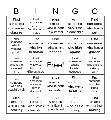 Get to Know You Bingo! Bingo Card