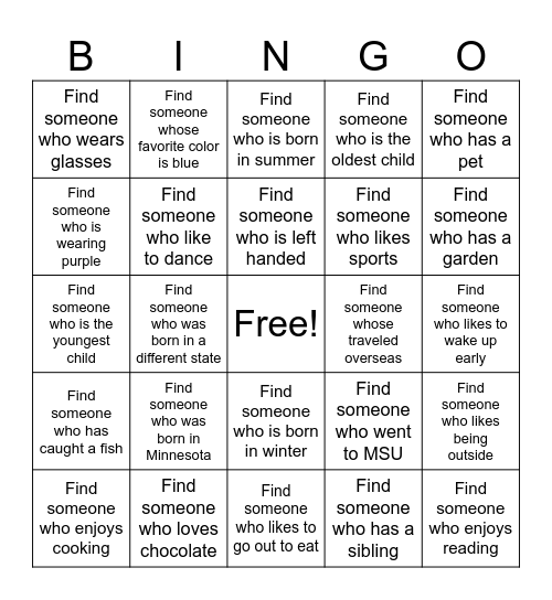 Get to Know You Bingo! Bingo Card