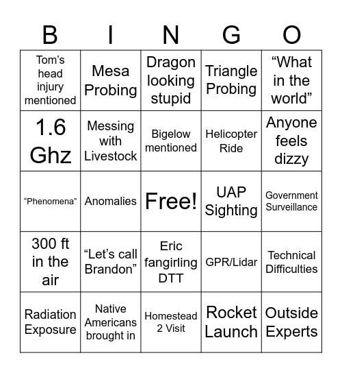 Skinwalker Ranch Bingo Card