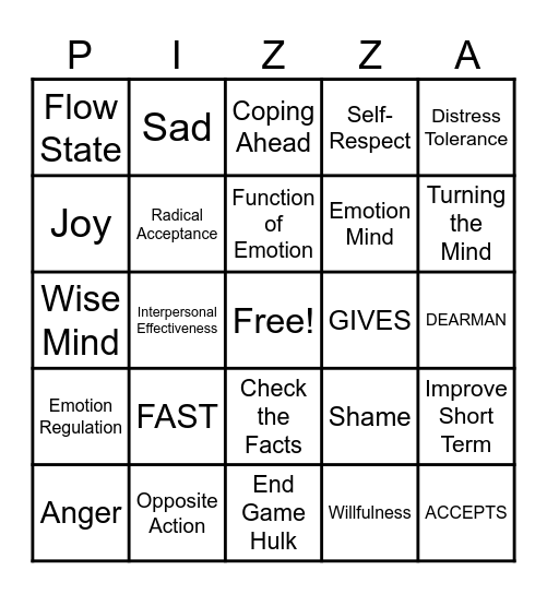 DBT Group Skills Bingo Card