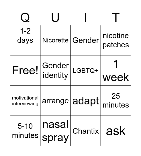 Tobacco Cessation Bingo Card