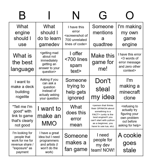 Game Dev League BINGO Card