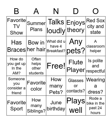 B A N D O Bingo Card
