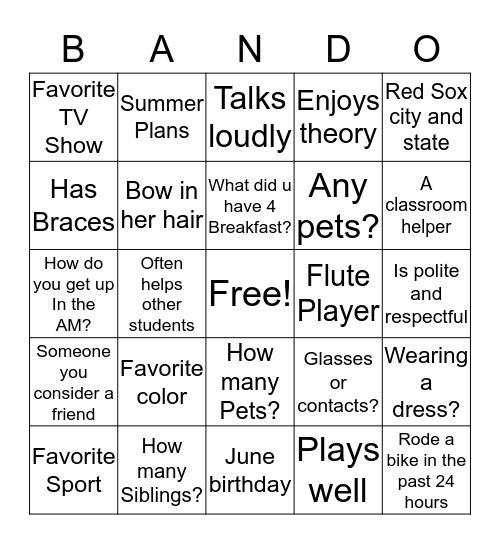 B A N D O Bingo Card