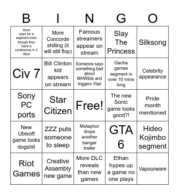 Lewis's Summer Game Fest Bingo Card