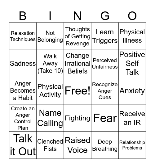 Anger Bingo Card