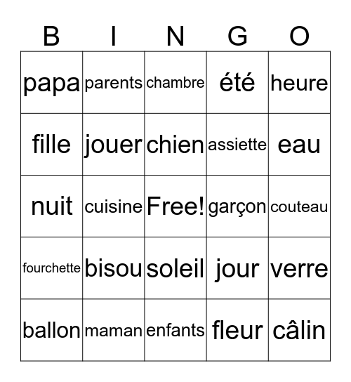 French word Bingo Card