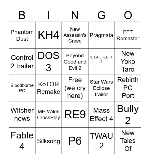 SGF Copium Bingo Card