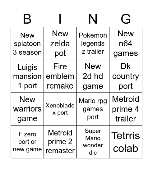 Nintendo direkt Bingo Card