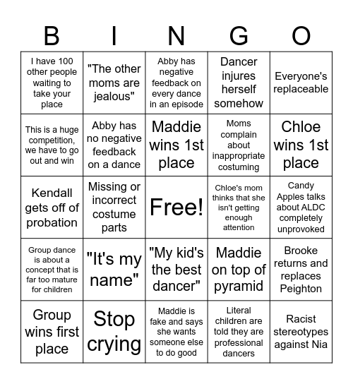 Dance Moms! Bingo Card