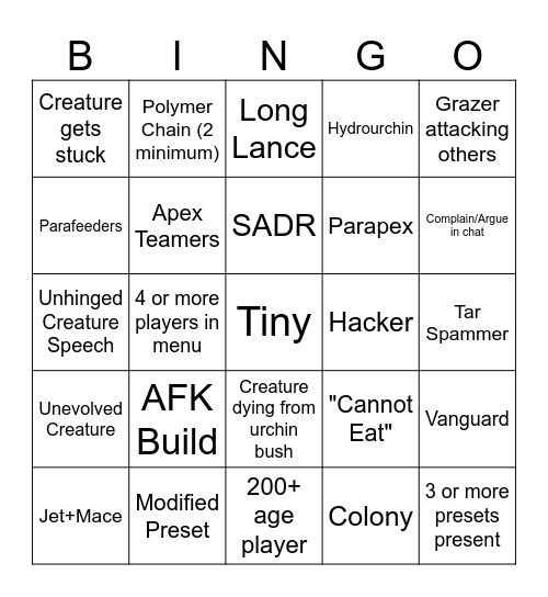 Evolve's Bingo Card