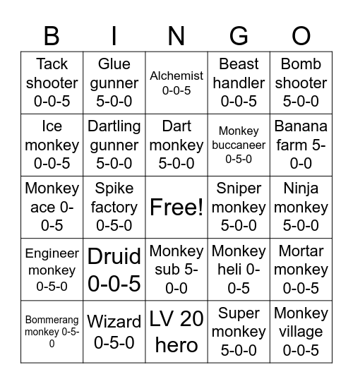 Bloons TD 6 bingo card Bingo Card
