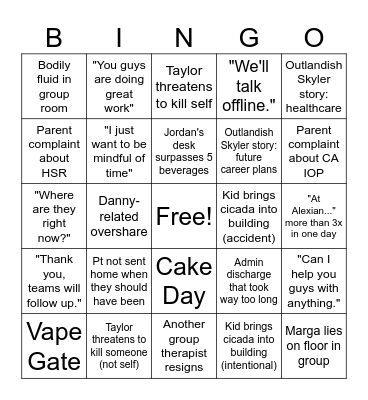 Groupie Bingo Card