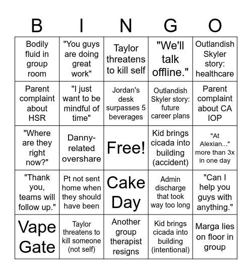 Groupie Bingo Card