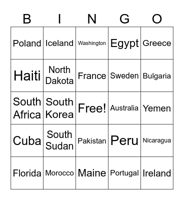Longitude & Latitude Bingo Card