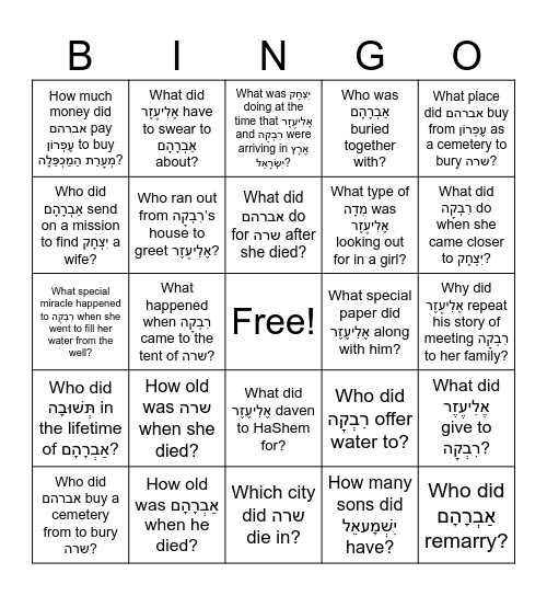 Chayei Sarah Bingo Questions - whole parsha Bingo Card