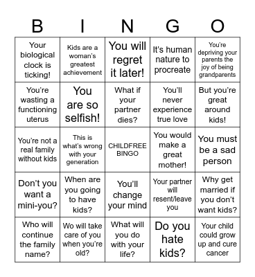 Child-free Bingo Card