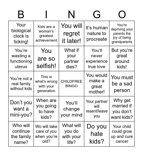 Child-free Bingo Card