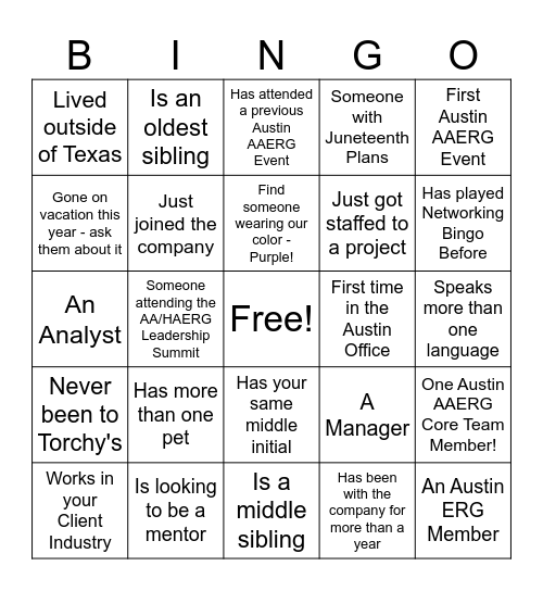 Networking Bingo Card