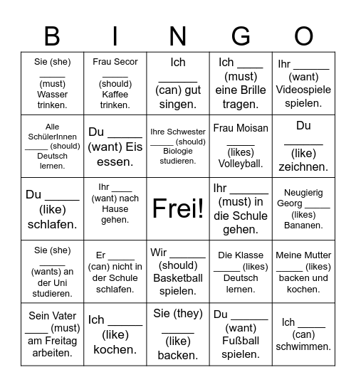 Bingo Modalverben Bingo Card