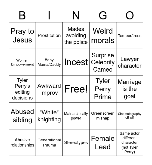 Tyler Perry Bingo Card