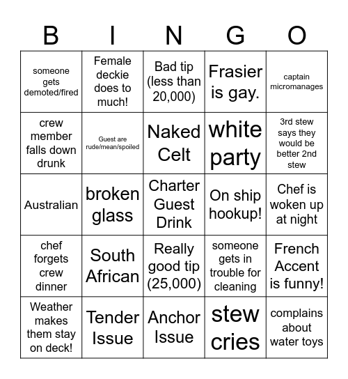 Below Deck Bingo Card