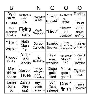 DIC Raider Day 1 Bingo Card