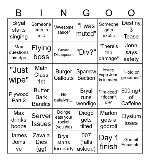 DIC Raider Day 1 Bingo Card