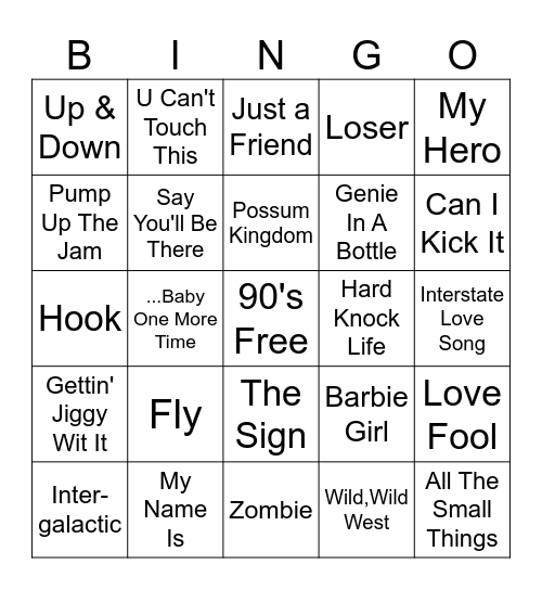 90's Music Bingo Card