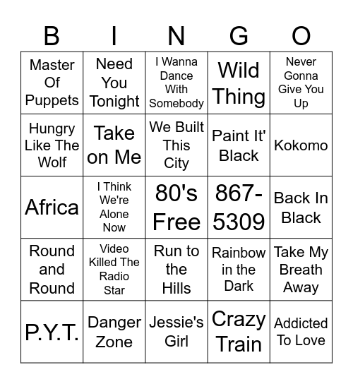 80's Music Bingo Card