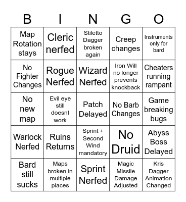 Wipe Day Bingo Card