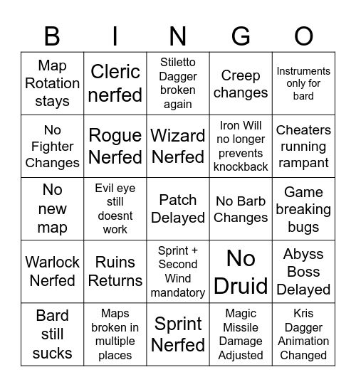 Wipe Day Bingo Card