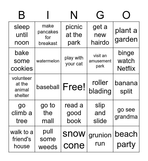 Summertime Bingo Game -- ORN Bingo Card