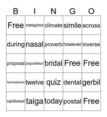 Spelling Bingo Card