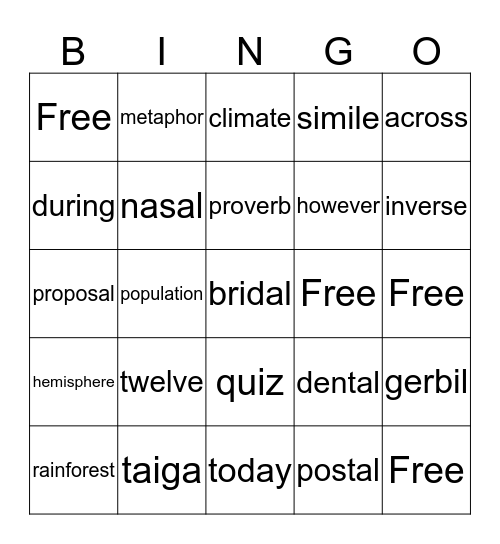 Spelling Bingo Card