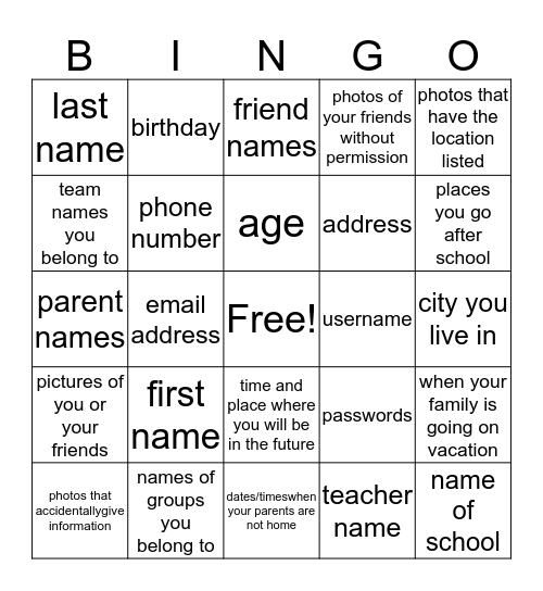 Private Information, Don't Share Online Bingo Card
