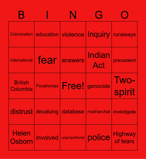 MMIWG Bingo Card