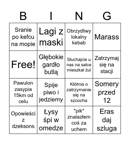 Frajtful gig wyjazdowy Bingo Card