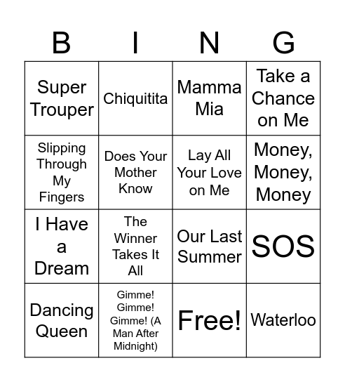 Mamma mia Bingo Card