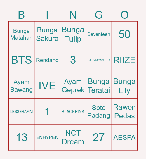 Bingo Punya TAJ04NREI Bingo Card