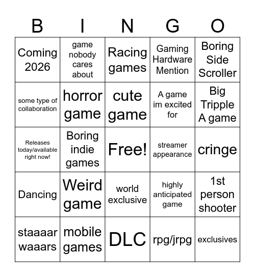 Summer Game Fest Bingo Card