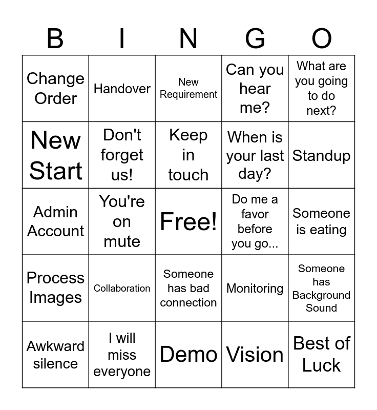 Virtual Farewell Party Bingo Card