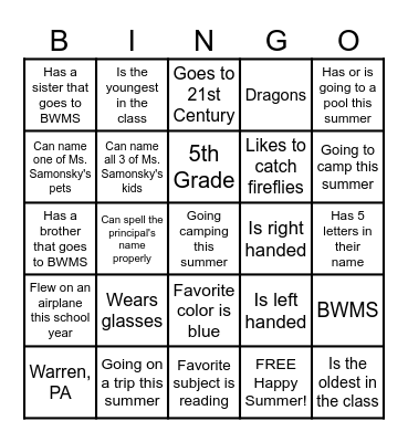 End of the School Year Bingo Card