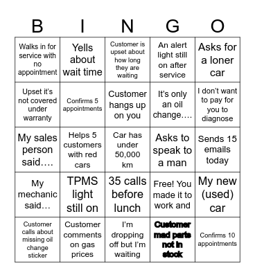 Car service bingo Card